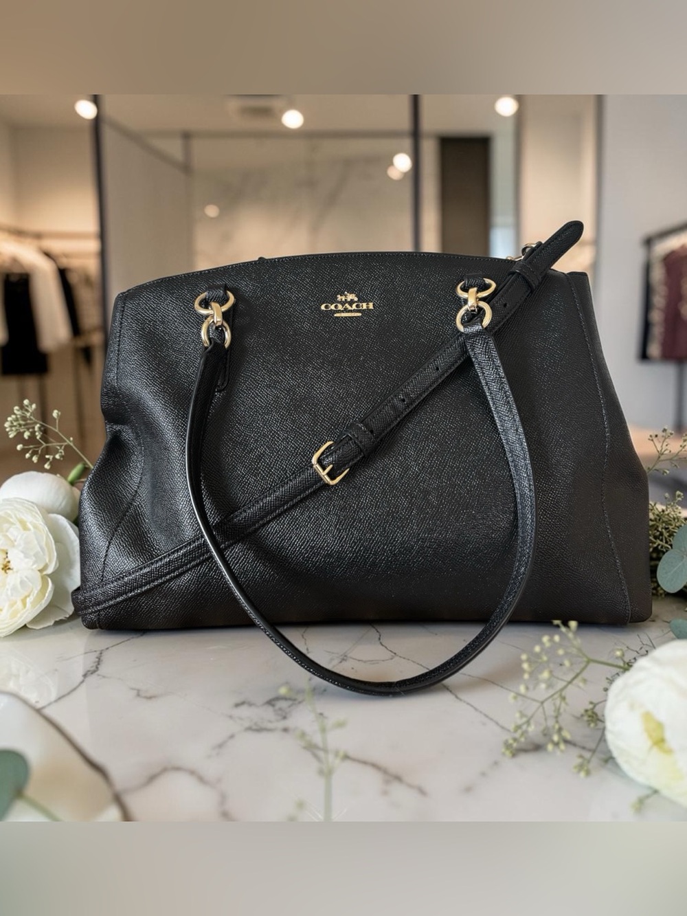 Coach NWOT Christie Carryall bag Black Leather Satchel with Adjustable strap